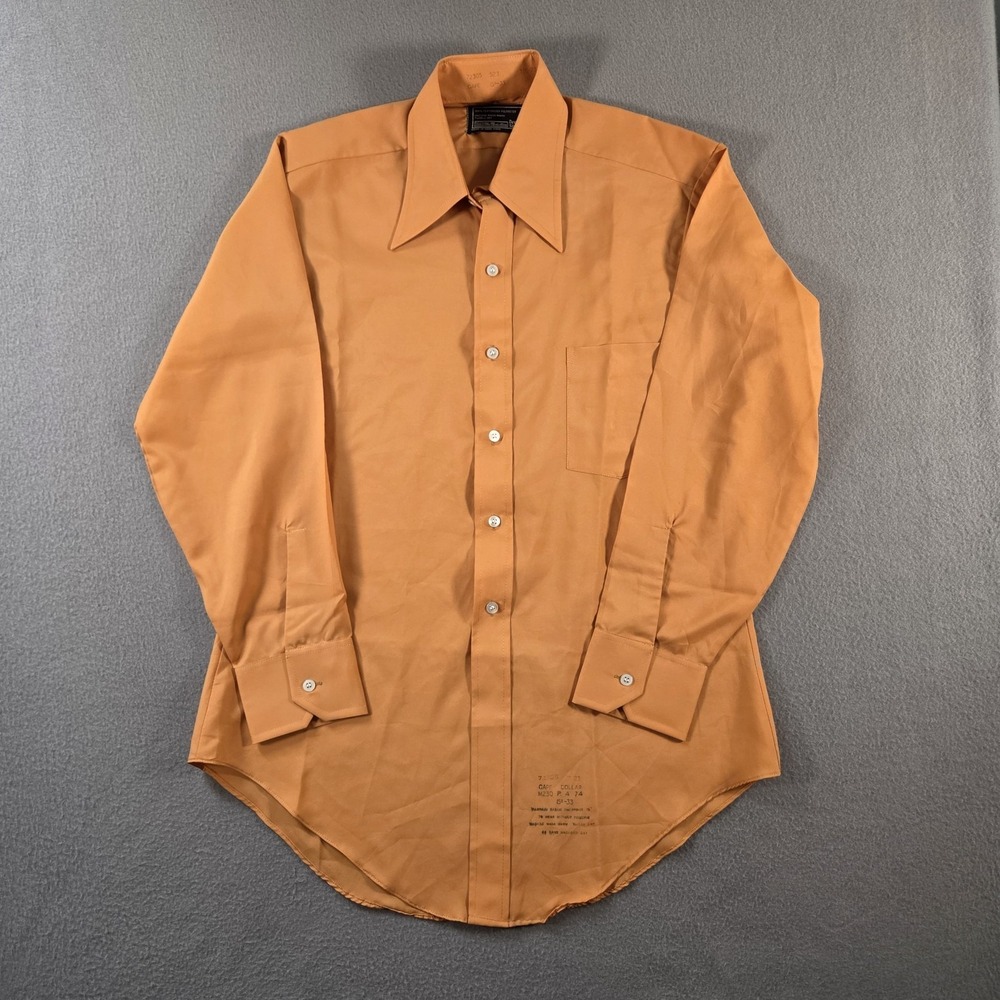 Vintage 70s Sears Mens 15.5 Large Orange Long Sleeve Dagger Collar Disco Shirt